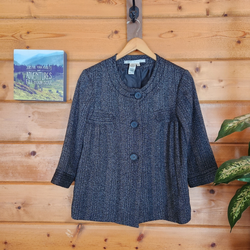 Max‎ Studio 💜 Herringbone Cape Twill Jacket 3/4 Sleeve Button Down Pleated Sz S